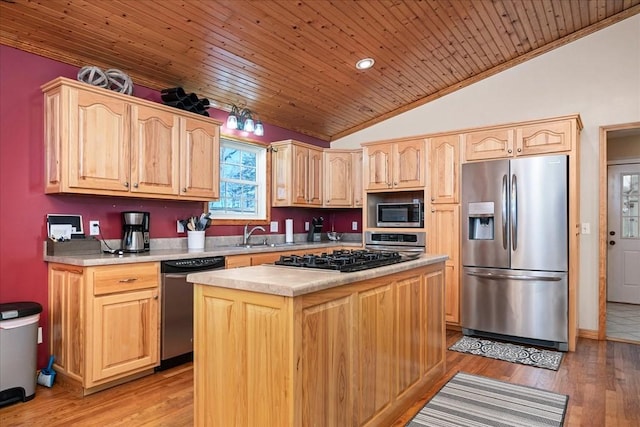 kitchen with wooden ceiling, appliances with stainless steel finishes, light hardwood / wood-style flooring, and a kitchen island