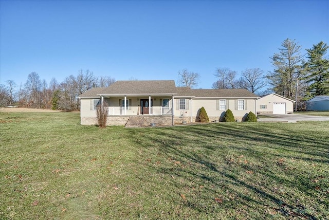 ranch-style home with a porch, a garage, and a front lawn