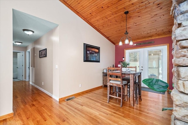 dining area featuring french doors, light hardwood / wood-style flooring, wooden ceiling, and lofted ceiling