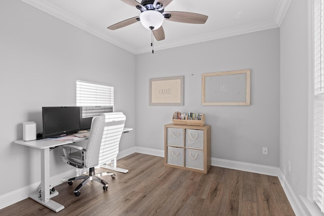 office area with hardwood / wood-style flooring, ceiling fan, and ornamental molding