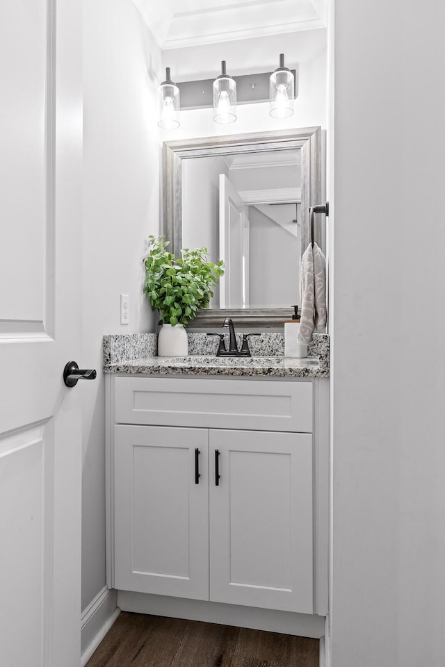 bathroom with hardwood / wood-style flooring and vanity