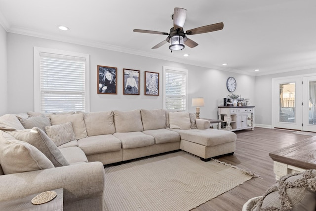 living room with wood-type flooring, ceiling fan, and ornamental molding