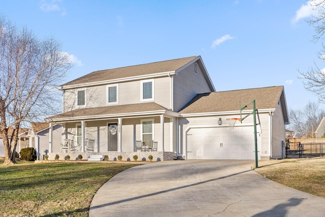 view of front facade featuring a porch, a garage, and a front lawn