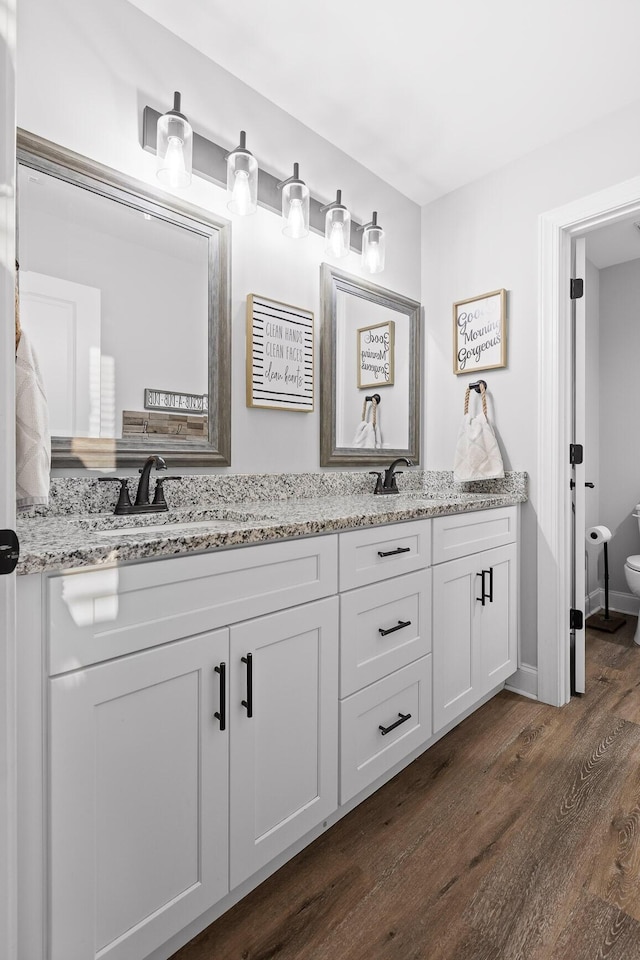 bathroom with hardwood / wood-style flooring, toilet, and vanity