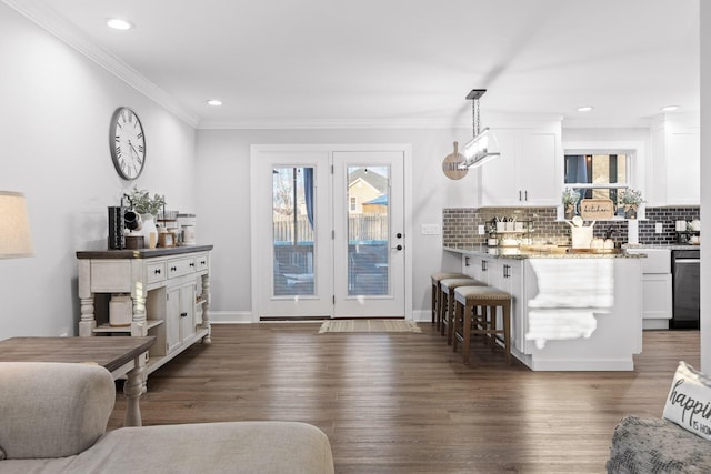 living room featuring crown molding and dark hardwood / wood-style floors