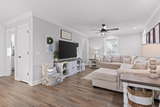 living room with ceiling fan, crown molding, and wood-type flooring