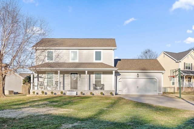 front facade with a garage, covered porch, and a front yard