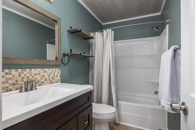 full bathroom with crown molding, toilet, vanity, shower / bath combo with shower curtain, and decorative backsplash