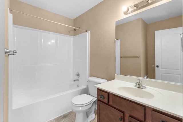 full bathroom featuring shower / washtub combination, toilet, tile patterned floors, and vanity