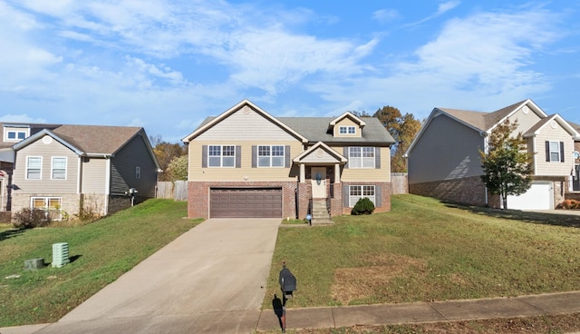 view of front of house with a garage and a front lawn