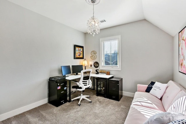 carpeted office with a chandelier and lofted ceiling