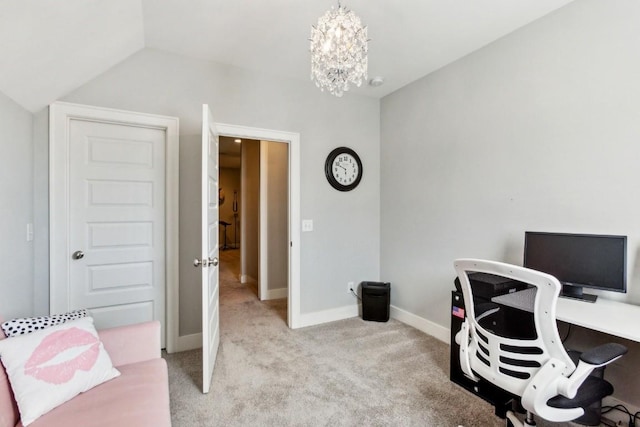 office space with an inviting chandelier, light colored carpet, and lofted ceiling