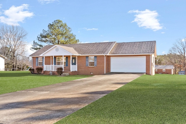 single story home with covered porch, a front yard, and a garage