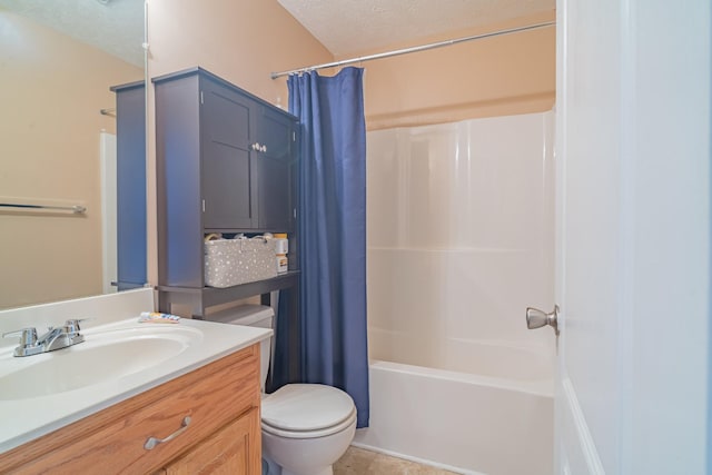 full bathroom with toilet, a textured ceiling, shower / tub combo, and vanity