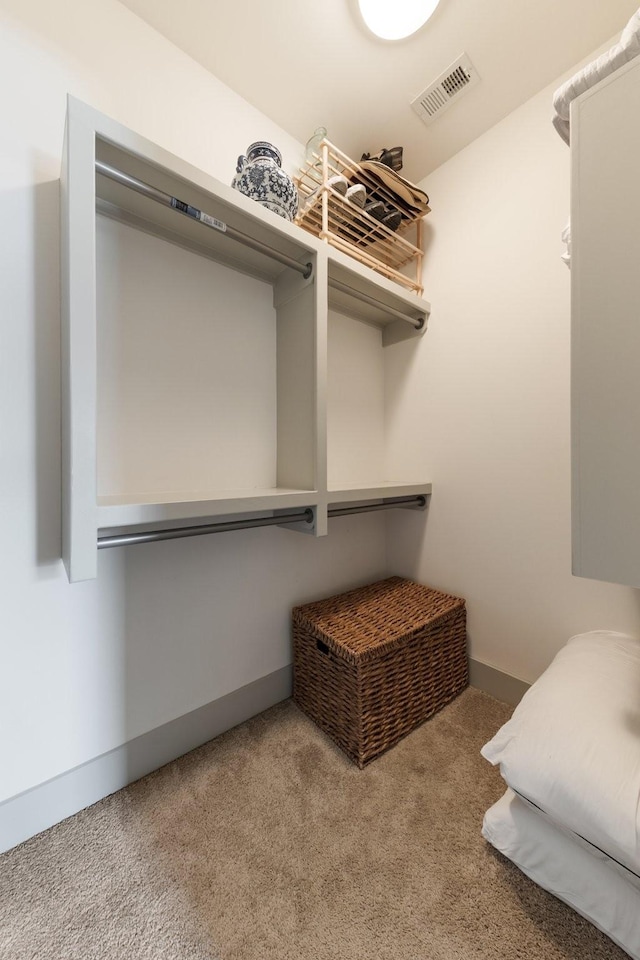 walk in closet featuring light colored carpet