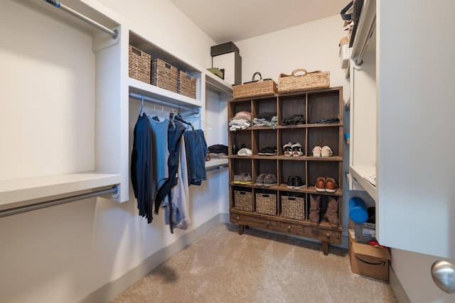 walk in closet with light carpet