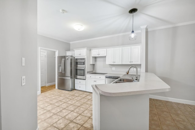 kitchen with white cabinetry, stainless steel appliances, sink, kitchen peninsula, and light tile patterned floors