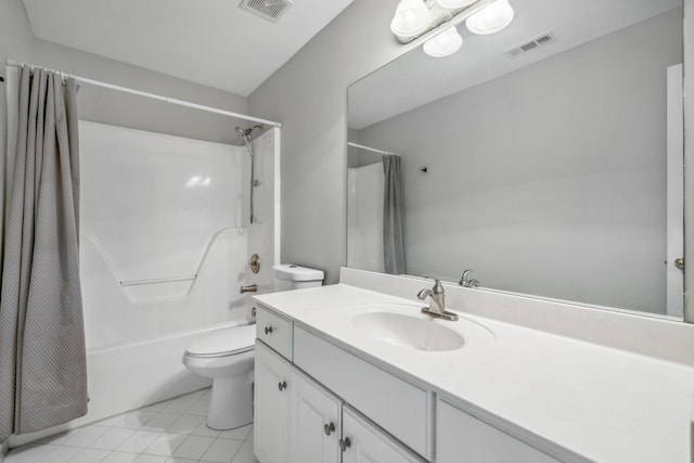 full bathroom with shower / bath combo, toilet, and vanity