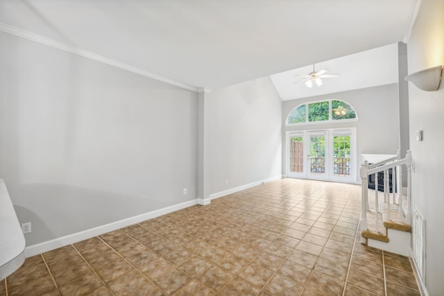 unfurnished living room with ceiling fan, light tile patterned flooring, french doors, and vaulted ceiling