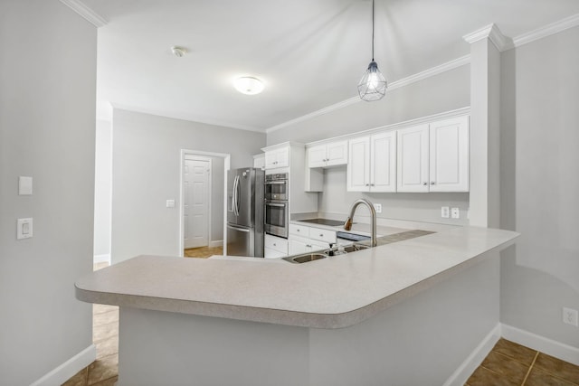 kitchen with white cabinets, kitchen peninsula, light tile patterned floors, and appliances with stainless steel finishes