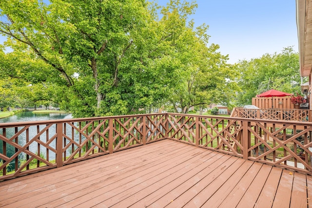 deck featuring a water view