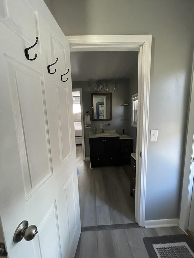 bathroom with wood-type flooring and vanity