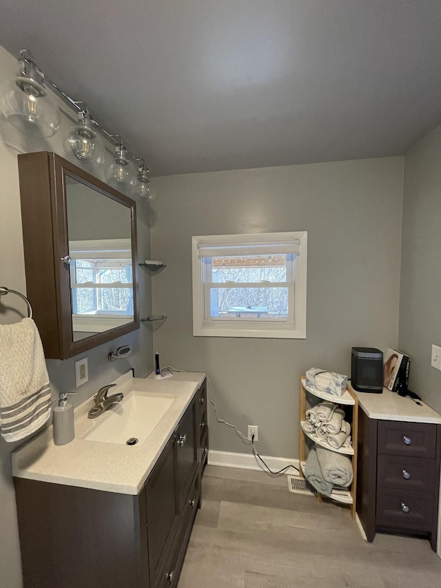 bathroom with hardwood / wood-style floors and vanity