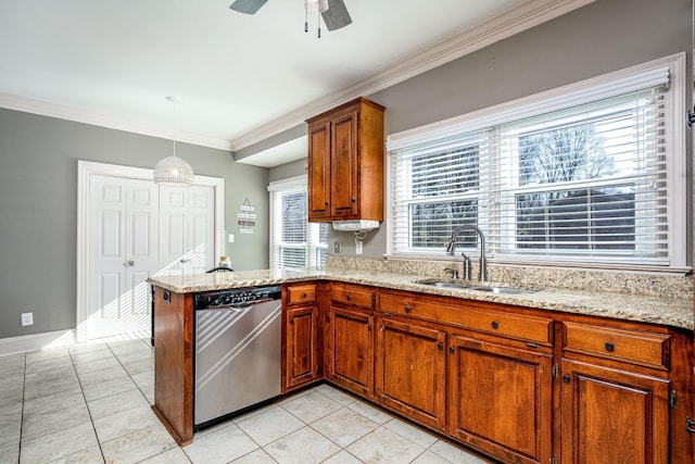 kitchen featuring sink, light tile patterned flooring, decorative light fixtures, stainless steel dishwasher, and kitchen peninsula