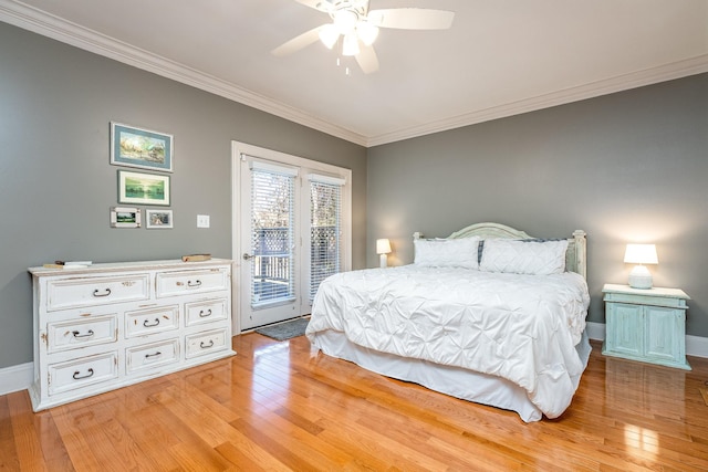 bedroom featuring access to outside, ornamental molding, ceiling fan, and light wood-type flooring