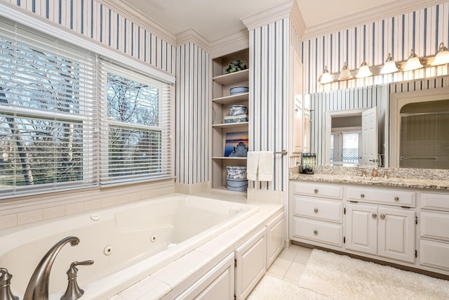 bathroom with a relaxing tiled tub, ornamental molding, tile patterned flooring, and vanity