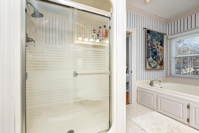 bathroom featuring shower with separate bathtub, tile patterned floors, and crown molding