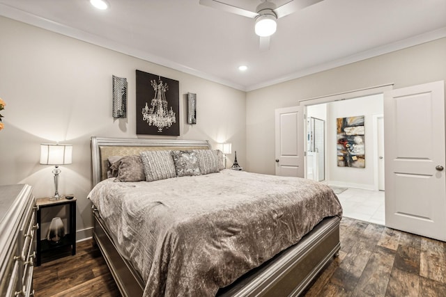 bedroom featuring ceiling fan, dark hardwood / wood-style floors, and ornamental molding