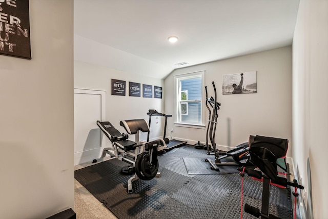 exercise area featuring vaulted ceiling