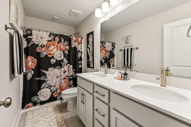 bathroom with vanity, toilet, and tile patterned floors