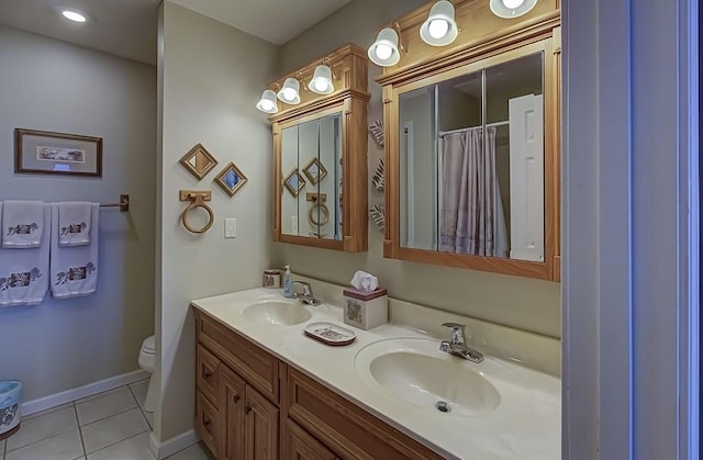 bathroom with vanity, toilet, and tile patterned flooring