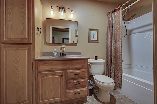 full bathroom with tile patterned floors, toilet, shower / tub combo, and vanity