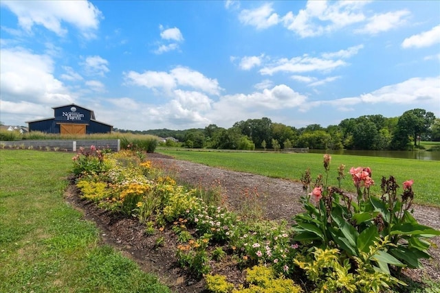 view of yard featuring a water view and a rural view