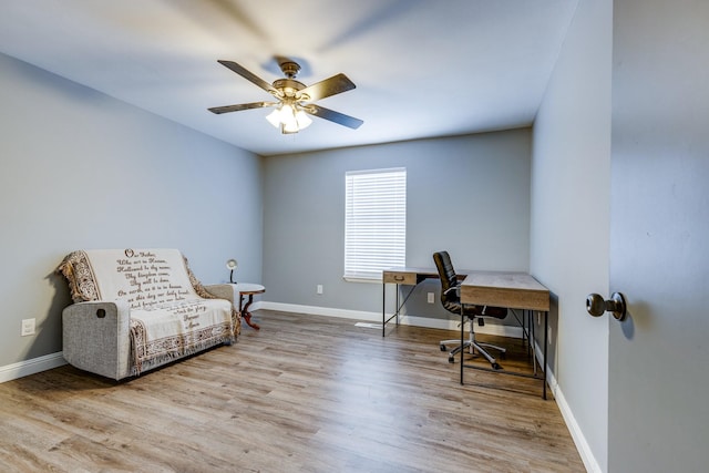 office space with ceiling fan and light wood-type flooring