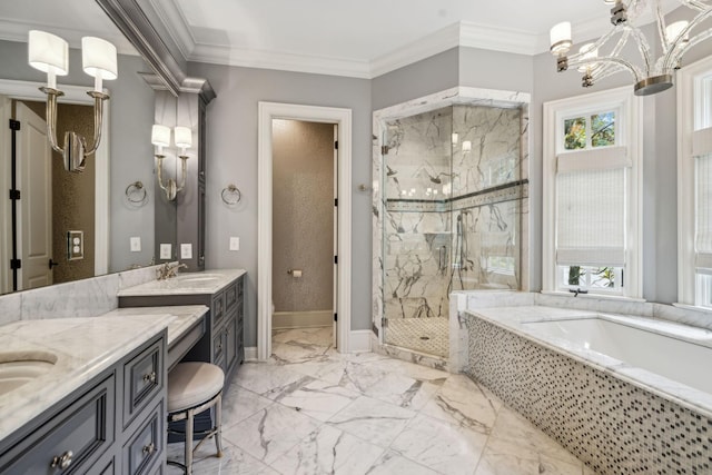 bathroom with plus walk in shower, vanity, a notable chandelier, and ornamental molding