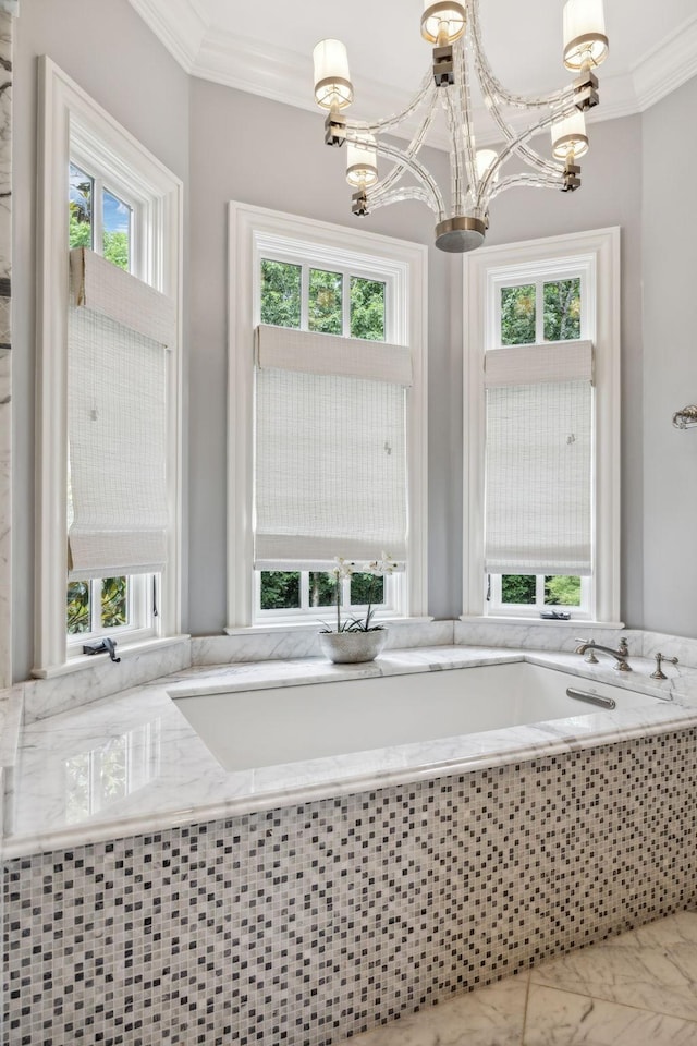 bathroom featuring a relaxing tiled tub, a notable chandelier, and ornamental molding