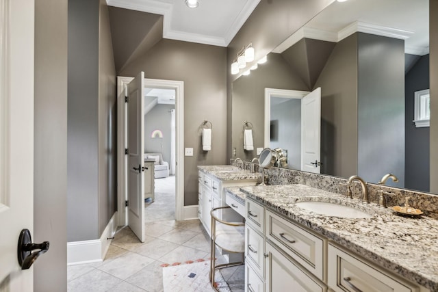 bathroom featuring tile patterned floors, vanity, and ornamental molding