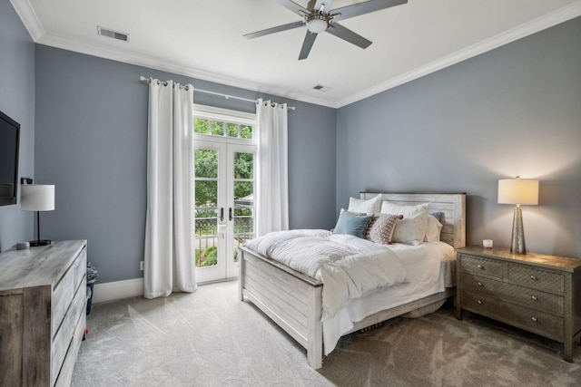 bedroom featuring french doors, ornamental molding, light colored carpet, access to outside, and ceiling fan