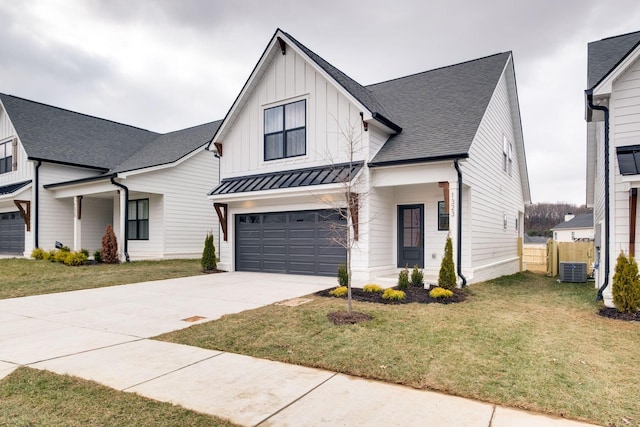 modern farmhouse style home with a garage, central AC, and a front yard