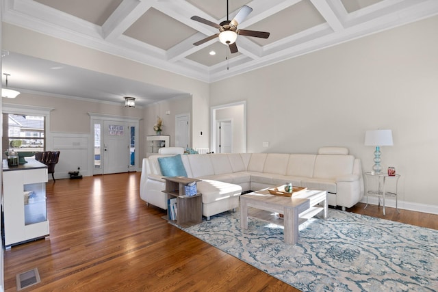 living room featuring dark hardwood / wood-style flooring, ornamental molding, beamed ceiling, and coffered ceiling