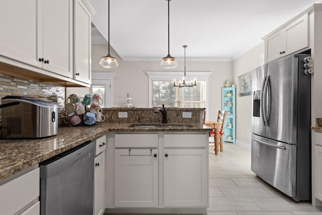 kitchen with sink, white cabinetry, dishwashing machine, and stainless steel refrigerator with ice dispenser