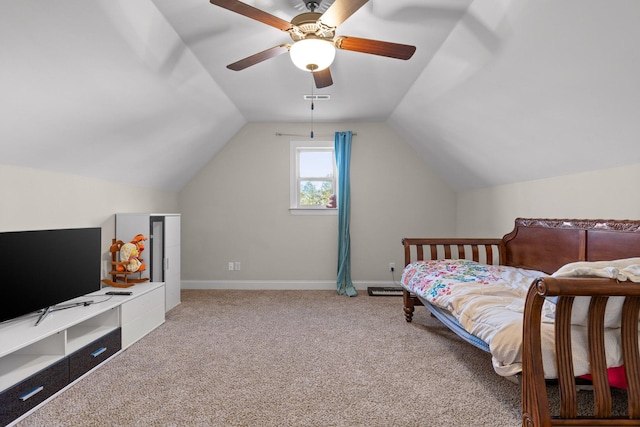 carpeted bedroom featuring ceiling fan and lofted ceiling