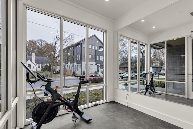 workout area with crown molding and plenty of natural light