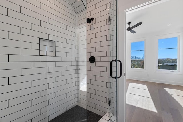 bathroom with hardwood / wood-style floors and an enclosed shower