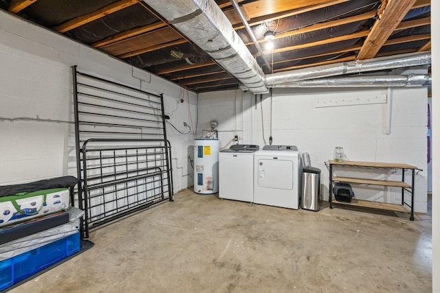 basement featuring washer and clothes dryer and electric water heater