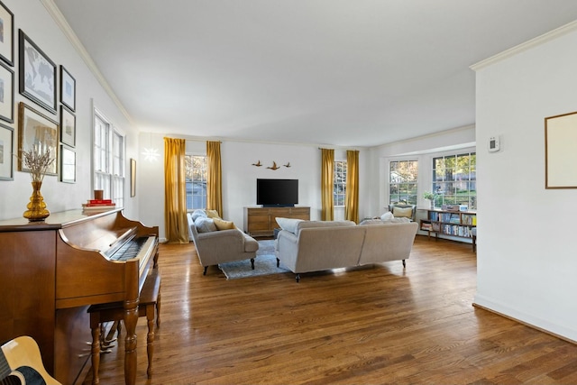 living room with dark wood-type flooring and crown molding